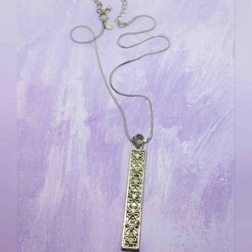 1056 Vicky Jousan Silver Tone pendant CZ Bar necklace